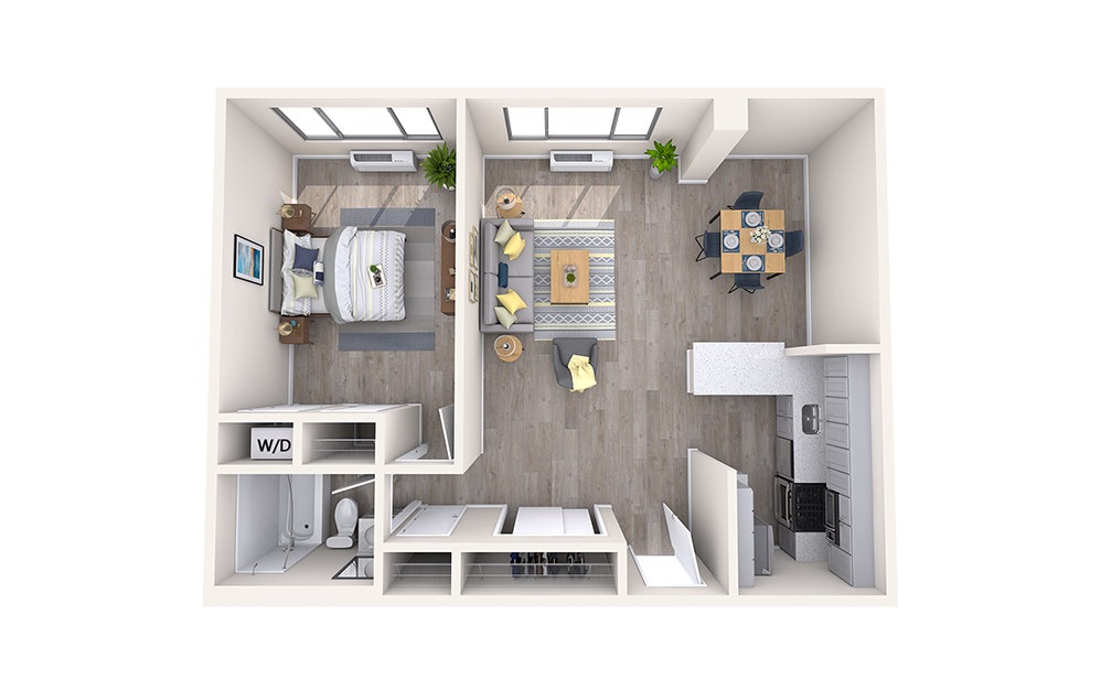 Digitally rendered floorplan with 3-D apartment furnishings as if seen from above.  1 Bedroom 1 bath.